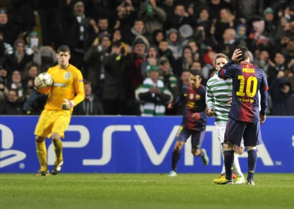 Lionel Messi rues another missed opportunity as Fraser Forster prepares to launch the ball upfield. Picture: Robert Perry