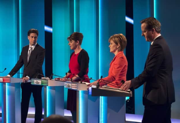 Ed Miliband, Leanne Wood, Nicola Sturgeon and David Cameron during one of the televised debates. Picture: PA