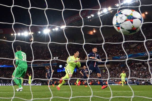 Barcelonas Luis Suarez celebrates scoring the first of his two goals. Picture: Getty