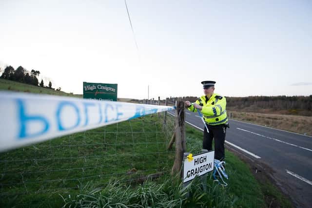 Police cordon off High Craigton Farm near Milngavie where human remains were found. Picture: John Devlin