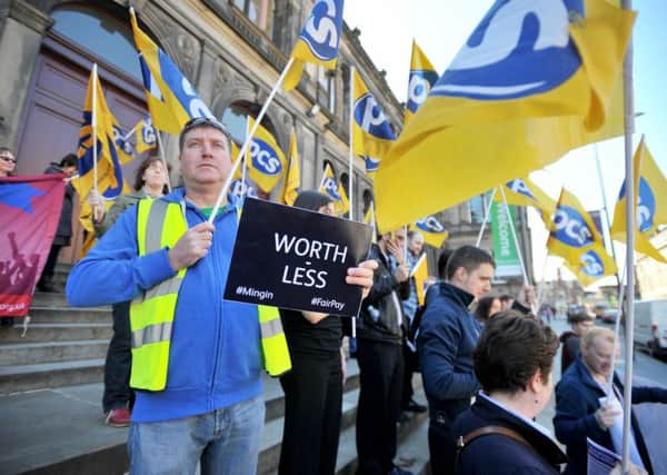 PCS members at the National Museum of Scotland in Edinburgh walk out amid a dispute over the removal of weekend working allowances. Picture: Jane Barlow