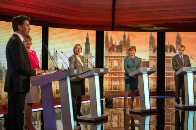 Ed Miiband, Leanne Wood, Natalie Bennett, Nicola Sturgeon and Nigel Farage during the BBC Challengers' Election Debate. Picture: PA