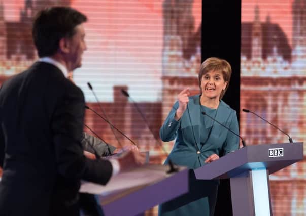 Ed Miliband and Nicola Sturgeon on the BBC Challengers' Election Debate on Thursday night. Picture: AP/Getty