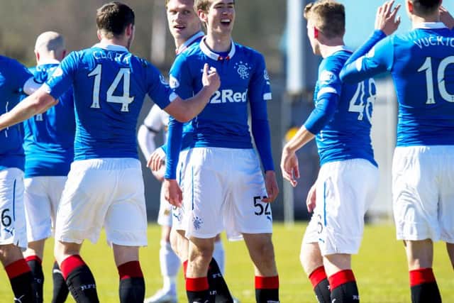 Rangers Ryan Hardie (52) celebrates scoring his first goal of the game. Picture: SNS