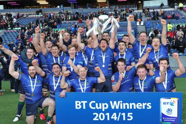 Boroughmuir celebrate after their emphatic win over Hawick. Picture:: Ian Rutherford