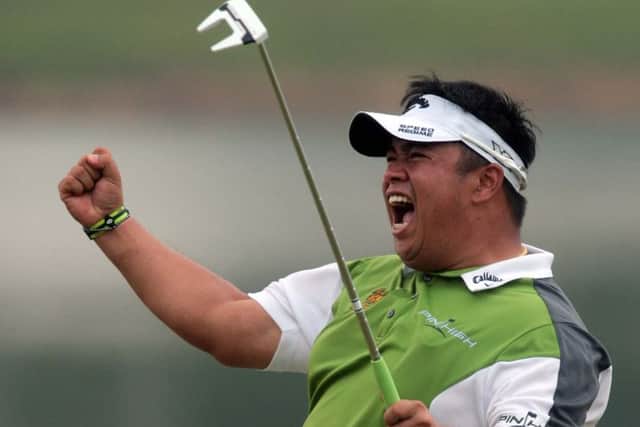 Kiradech Aphibarnrat of Thailand celebrates winning the inaugural Shenzhen International golf tournament. Picture: AP