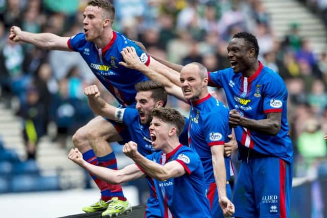 Inverness players celebrate the winning goal by David Raven, second right, which clinched their 3-2 victory over Celtic in yesterdays Scottish Cup semi-final.  Picture: SNS