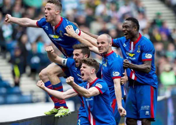Inverness players celebrate the winning goal by David Raven, second right, which clinched their 3-2 victory over Celtic in yesterdays Scottish Cup semi-final.  Picture: SNS