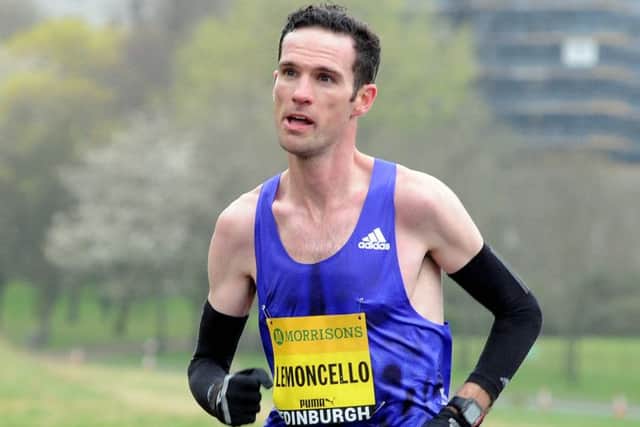Andrew Lemoncello strides to second place in the mens event, behind Ethiopian winner Abeje Ayana. Pictures: Lisa Ferguson