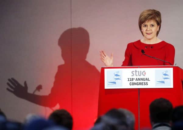 SNP party leader Nicola Sturgeon addresses the annual STUC conference at Ayr Racecourse. Picture: PA