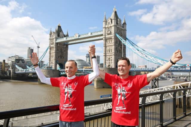 At the first London Marathon in 1981, joint winners Dick Beardsley and Inge Simonsen crossed the finish line hand-in-hand. Picture: Getty