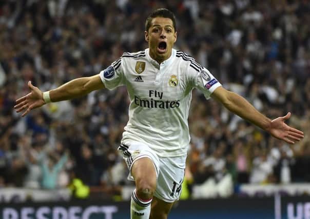 Javier Hernandez celebrates scoring the winning goal. Picture: AFP/Getty