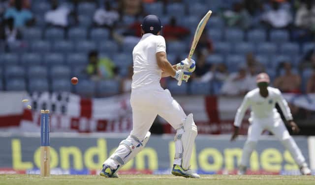 Alastair Cooks innings of 76 is brought to an end as the England captain is bowled by West Indies Shannon Gabriel  Picture: AP