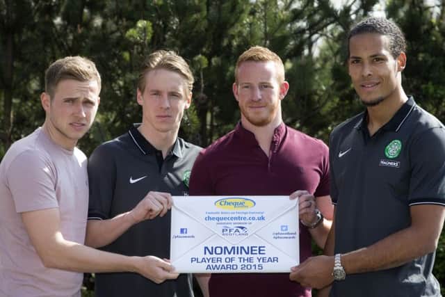 PFA Scotland player of the year nominees Greg Stewart of Dundee, Stefan Johansen of Celtic, Adam Rooney of Aberdeen and Virgil van Dijk of Celtic. Picture: Getty