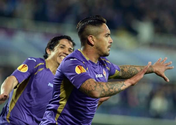 Fiorentina's midfielder Juan Vargas celebretes after scoring against Dynamo Kiev. Picture AFP/Getty