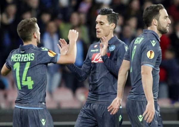 Napoli's Dries Mertens (L) celebrates his goal with teammate Jose Maria Callejon (C). Picture: AFP/Getty