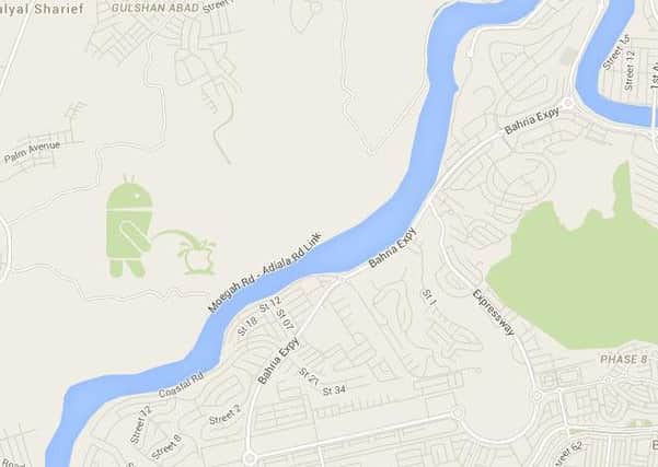 This Google Map shows the offending Android logo urinating on its Apple rival. Picture: Google Maps