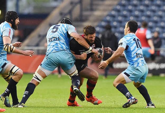 Edinburgh's Ross Ford takes on Zebre's Valerio Bernabo (left) and Luciano Orquera. Picture: SNS