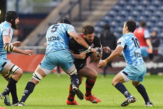 Edinburgh's Ross Ford takes on Zebre's Valerio Bernabo (left) and Luciano Orquera. Picture: SNS