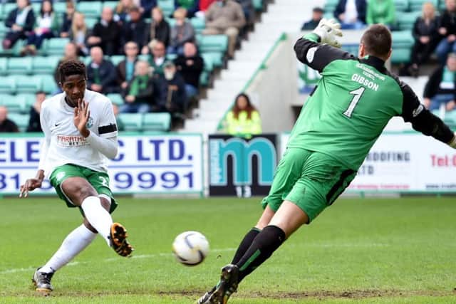 Dominique Malonga scores Hibernian's fourth goal of the game. Picture: SNS
