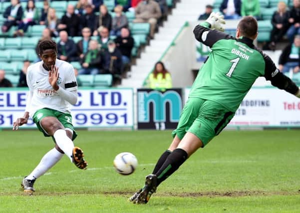 Dominique Malonga scores Hibernian's fourth goal of the game. Picture: SNS