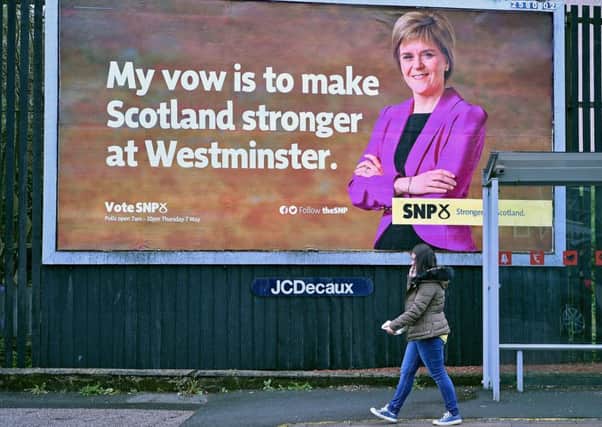 An SNP poster in Glasgow's South Side, featuring party leader and First Minister Nicola Sturgeon. Picture: Getty