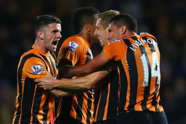 Hull City celebrate victory over Liverpool last night. Picture: Getty