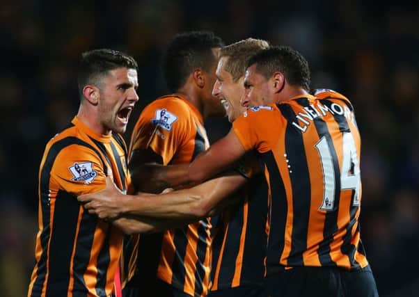 Hull City celebrate victory over Liverpool last night. Picture: Getty