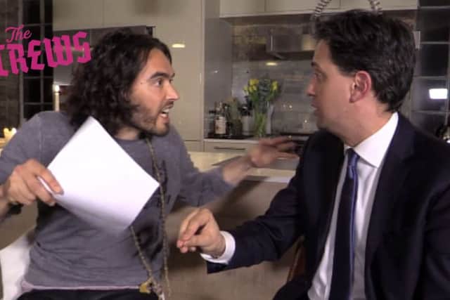 Stills from Russell Brand meeting with Labour's Ed Miliband.  Miliband