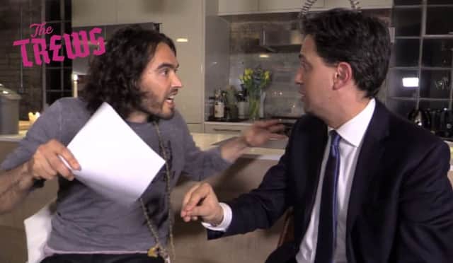 Stills from Russell Brand meeting with Labour's Ed Miliband.  Miliband