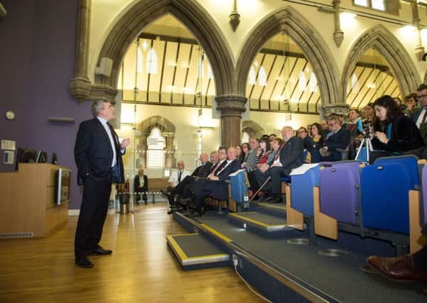 Former prime minister Gordon Brown addresses the audience as he received an honorary degree from Glasgow University. Picture: PA