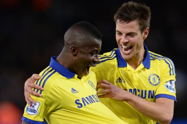 Chelsea midfielder Ramires celebrates his goal against Leicester with Cesar Azpilicueta. Picture: Getty