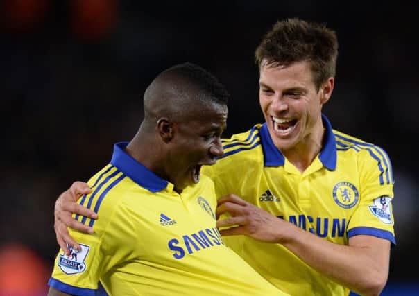 Chelsea midfielder Ramires celebrates his goal against Leicester with Cesar Azpilicueta. Picture: Getty
