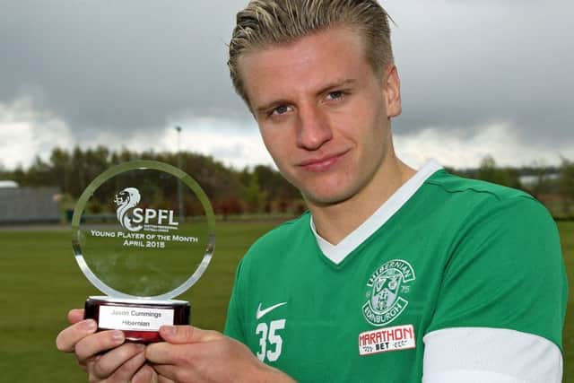 Jason Cummings receives the SPFL young player of the month award after scoring in four of Hibs' last six games. Picture: Gordon Fraser