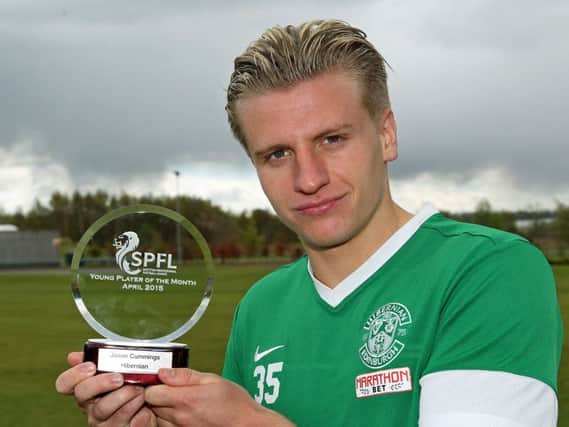 Jason Cummings receives the SPFL young player of the month award after scoring in four of Hibs' last six games. Picture: Gordon Fraser