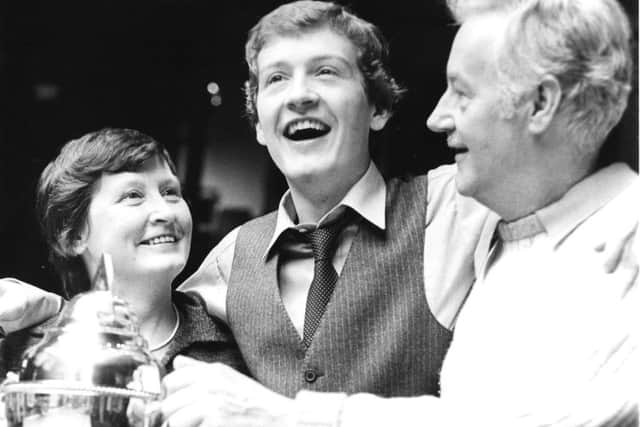 Davis celebrating with mum and dad at the Crucible in 1981.