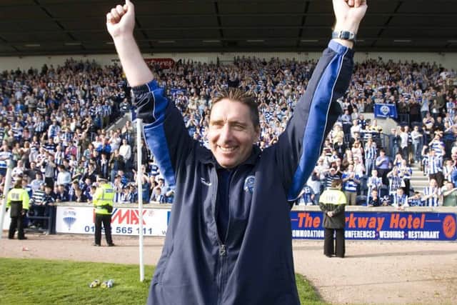 Former manager Jim McInally enjoys Morton's Second Division title celebration in 2007. Picture: SNS