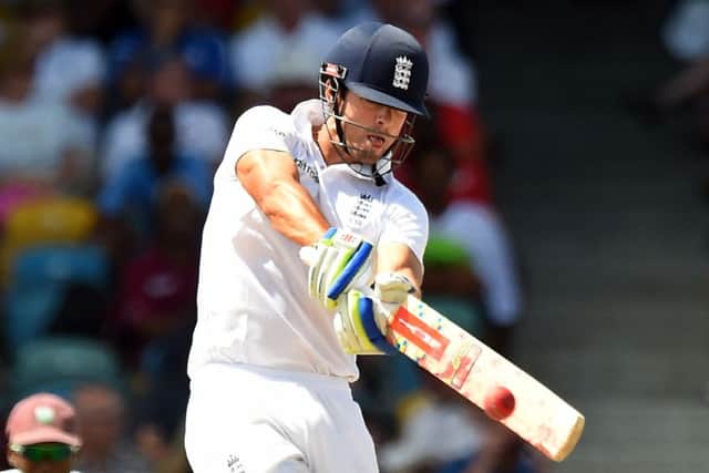 England captain Alastair Cook pulls during his innings in Barbados yesterday. Picture: Getty