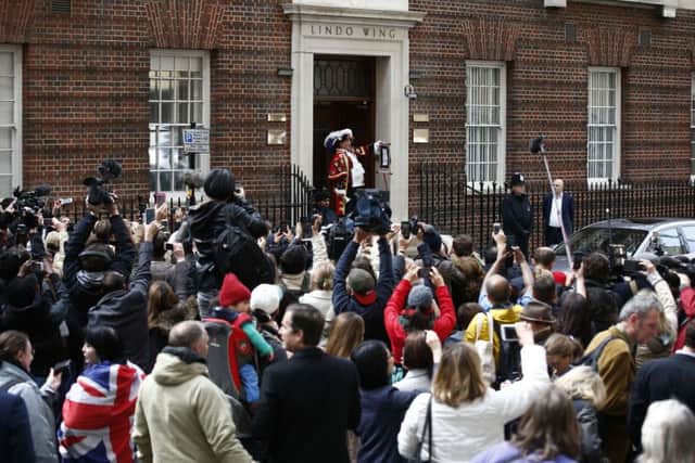 Town crier Tony Appleton announces the birth of the Countess of Strathearn and Prince William's second child outside the Lindo wing at St Mary's hospital. Picture: AFP/Getty