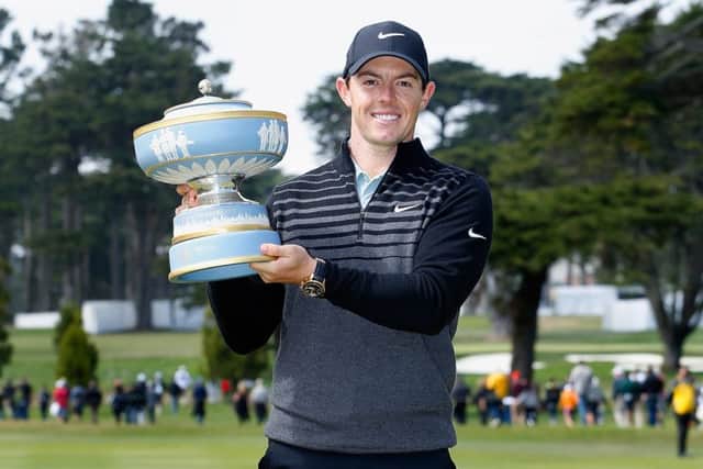 Rory McIlroy with the WGC-Cadillac Match Play trophy after his victory at TPC Harding Park. Picture: Getty