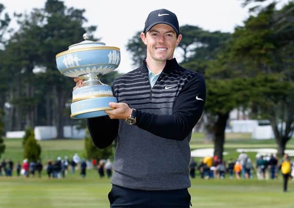 Rory McIlroy with the WGC-Cadillac Match Play trophy after his victory at TPC Harding Park. Picture: Getty