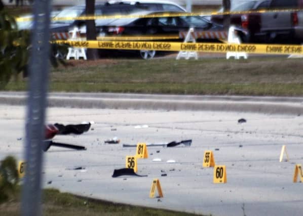 A view of debris of a car blown up by police as a precaution near the Curtis Culwell Center, Garland, Texas. Picture: Getty