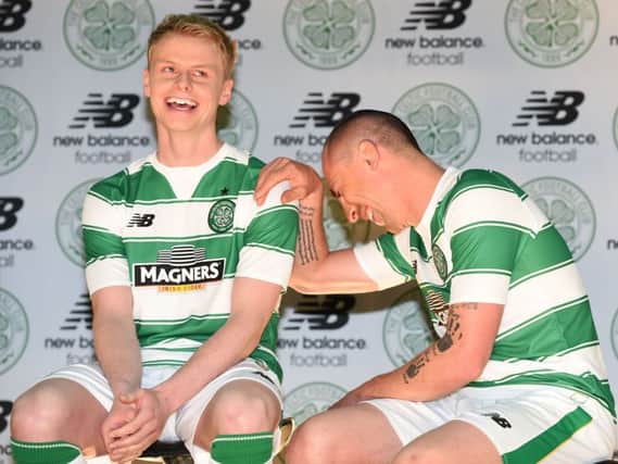 Celtic captain Scott Brown sees the funny side of something with Gary MackaySteven. Picture: SNS