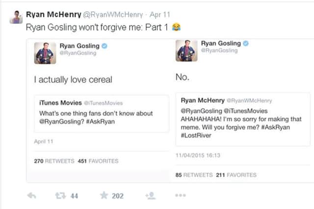 A Twitter exchange between Ryan McHendry and Ryan Gosling over the Scot's cereal meme. Picture: Twitter