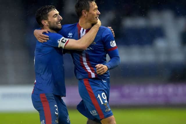 Danny Williams (right) celebrates giving ICT the lead with captain Graeme Shinnie. Picture: SNS