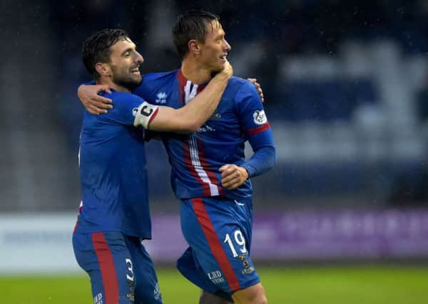 Danny Williams (right) celebrates giving ICT the lead with captain Graeme Shinnie. Picture: SNS