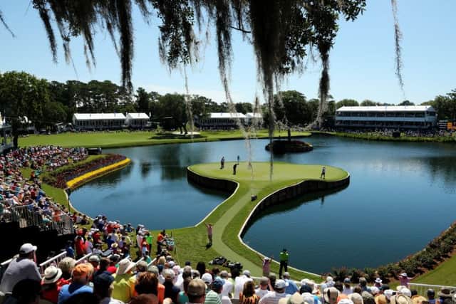 The infamous 17th at Sawgrass which was safely negotiated by Rory McIlroy yesterday. Picture: Getty