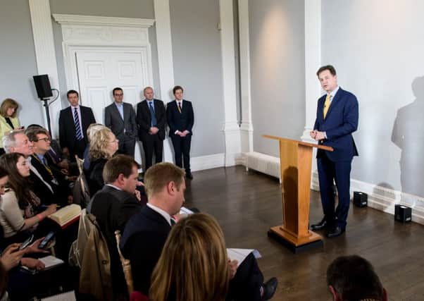 Nick Clegg,leader of the Liberal Democrats delivers a statement of his resignation in London. Picture: Getty