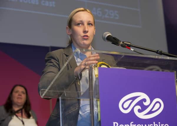 Newly-elected SNP member of parliament, Mhairi Black, Britain's youngest member of parliament since 1667, speaks after the declaration of the general election results for the constituency of Paisley and Renfrewshire South. Picture: Getty