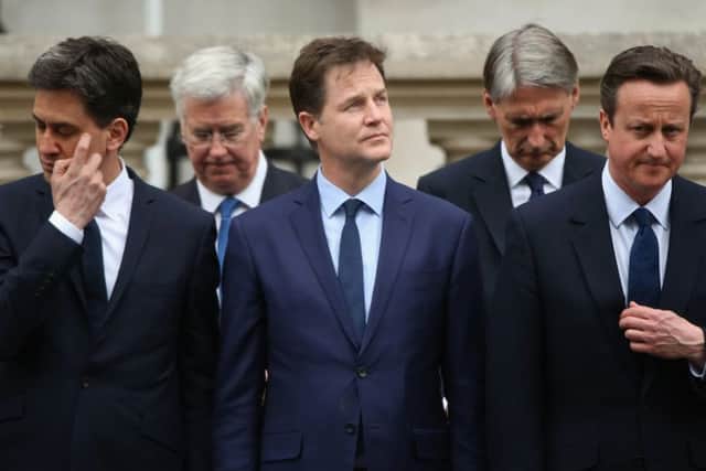 Ed Miliband, Nick Clegg andDavid Cameron look sheepish. Picture: Getty